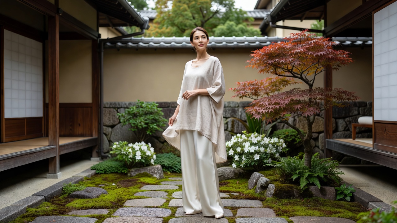 和の中庭に佇む、白いリゾートウェアの女性